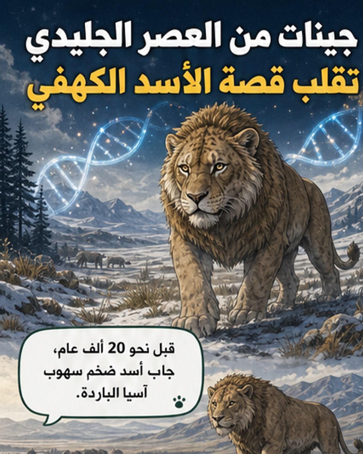 رسم توضيحي لأسد كهفي ضخم يسير في سهوب آسيا المغطاة بالثلوج، مع ظهور خريطة توضح انتشاره عبر أوراسيا وعينة جينية مكبرة في الخلفية.