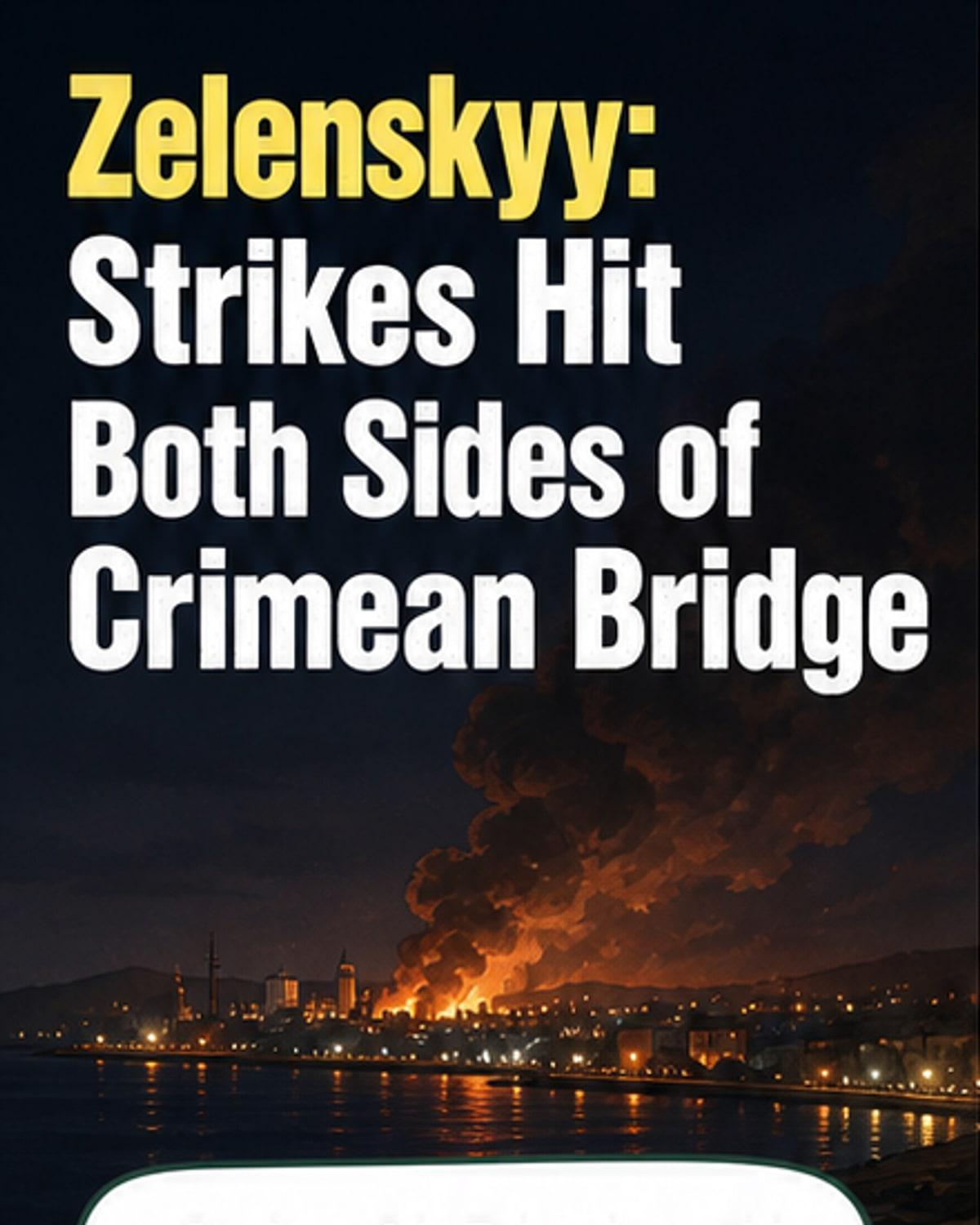 Illustrated map showing strike locations on both sides of the Crimean Bridge, with icons marking oil facilities and air defense systems in Krasnodar and Kerch.