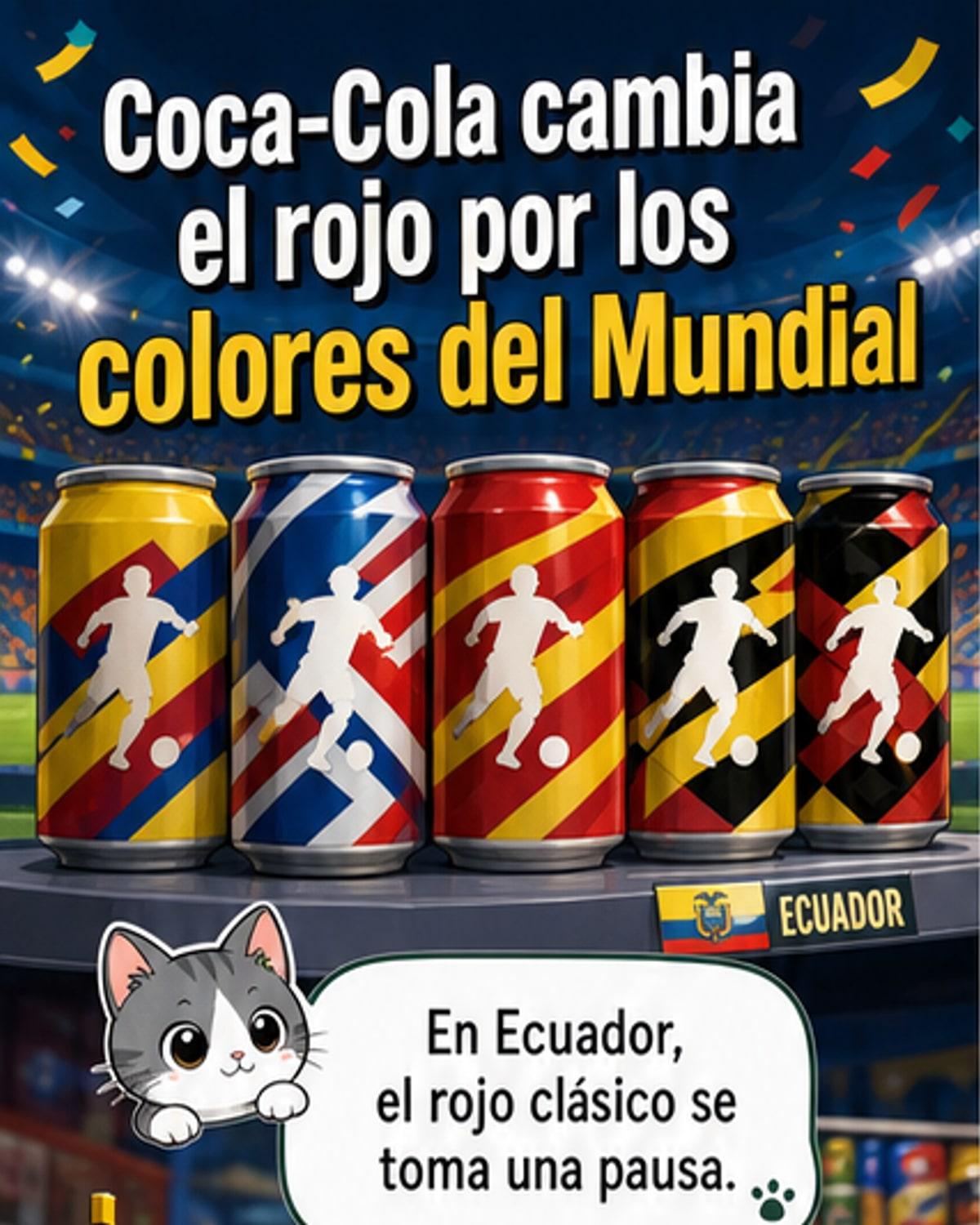 Latas de Coca-Cola con los colores de las selecciones de Ecuador, Brasil, Argentina, Francia, España, Alemania, Inglaterra y México, dispuestas en círculo sobre fondo blanco.