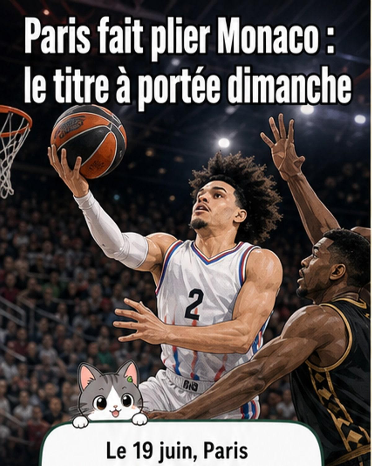 Illustration du match entre Paris et Monaco en finale de Pro A, avec Lamar Stevens et Nadir Hifi en action sous les regards intenses du public monégasque.