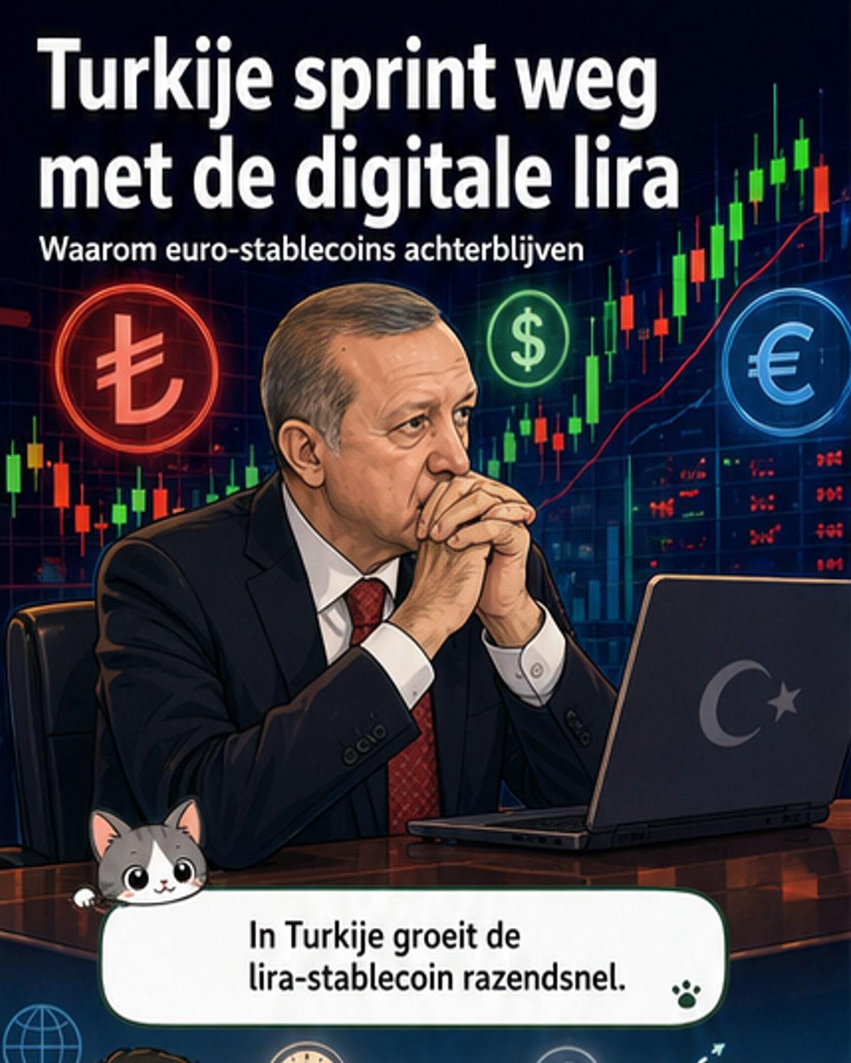 Een illustratie van een digitale munt met de Turkse vlag, naast een trage euro-overboeking en een snelle dollar-transactie.