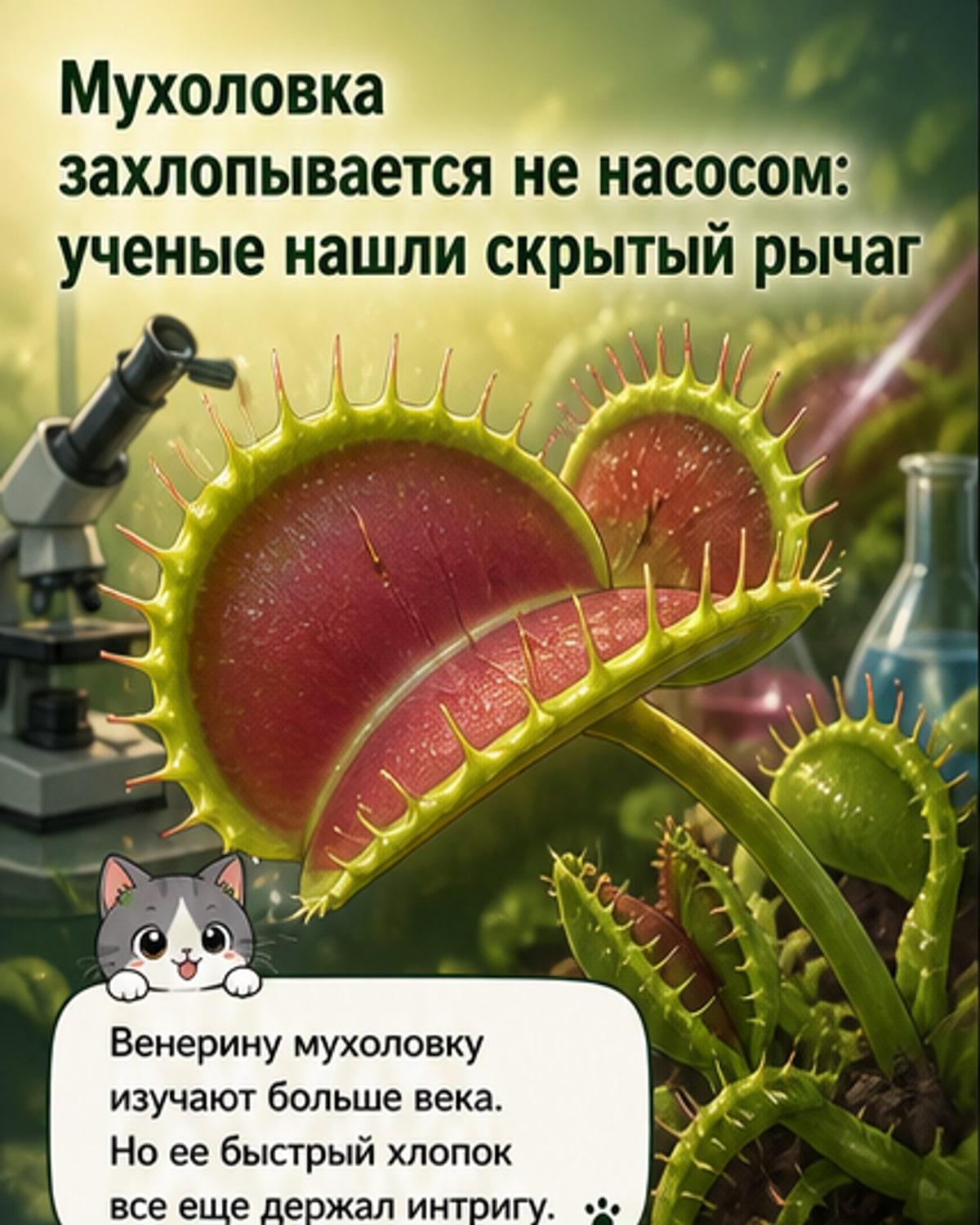 Анимированная схема, показывающая, как лист Венериной мухоловки мгновенно захлопывается после прикосновения к волоску-триггеру, с акцентом на изменение жёсткости клеточных стенок.
