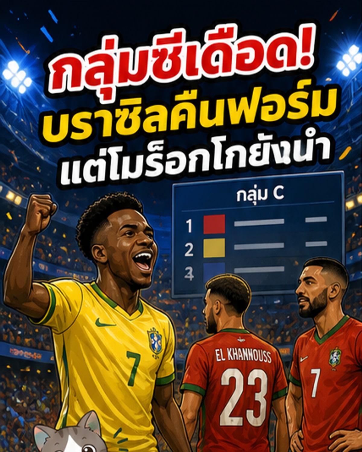 ตารางคะแนนฟุตบอลโลก 2026 กลุ่มซี แสดงอันดับของบราซิล โมร็อกโก สกอตแลนด์ และเฮติ หลังแข่งขัน 2 นัด