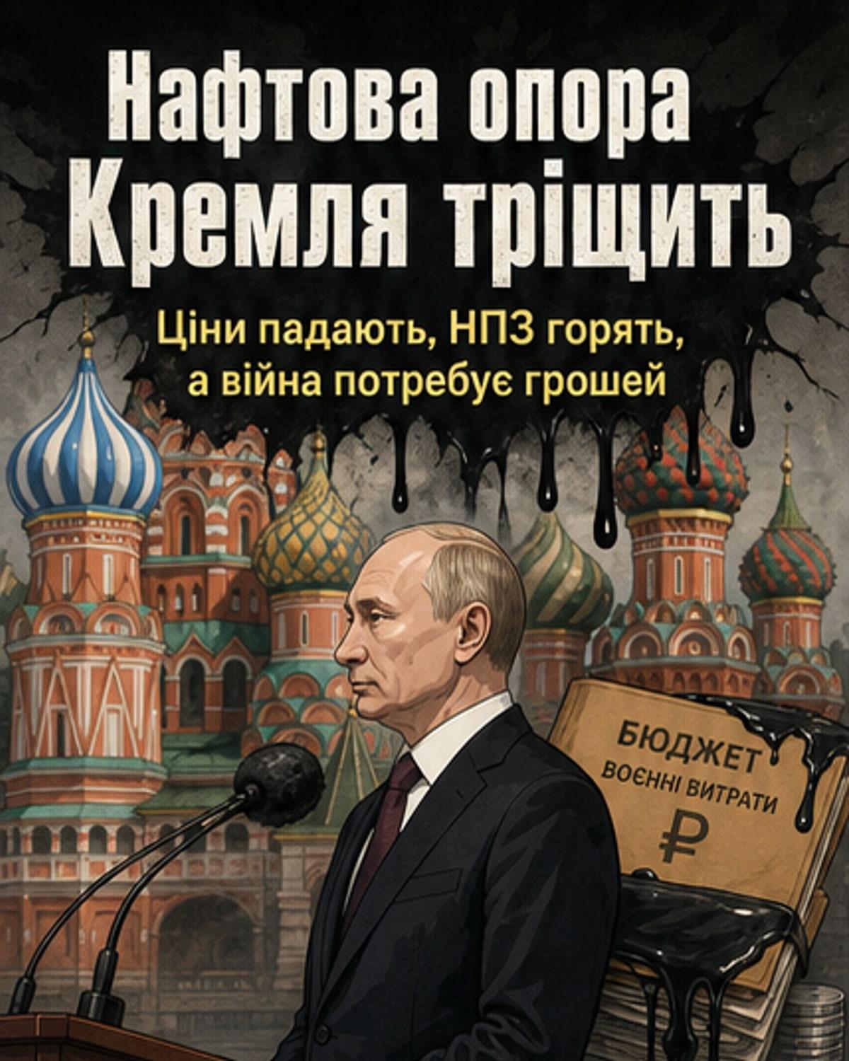 Кремль на тлі падаючого графіка нафтових цін, з атаками дронів на НПЗ у фоні