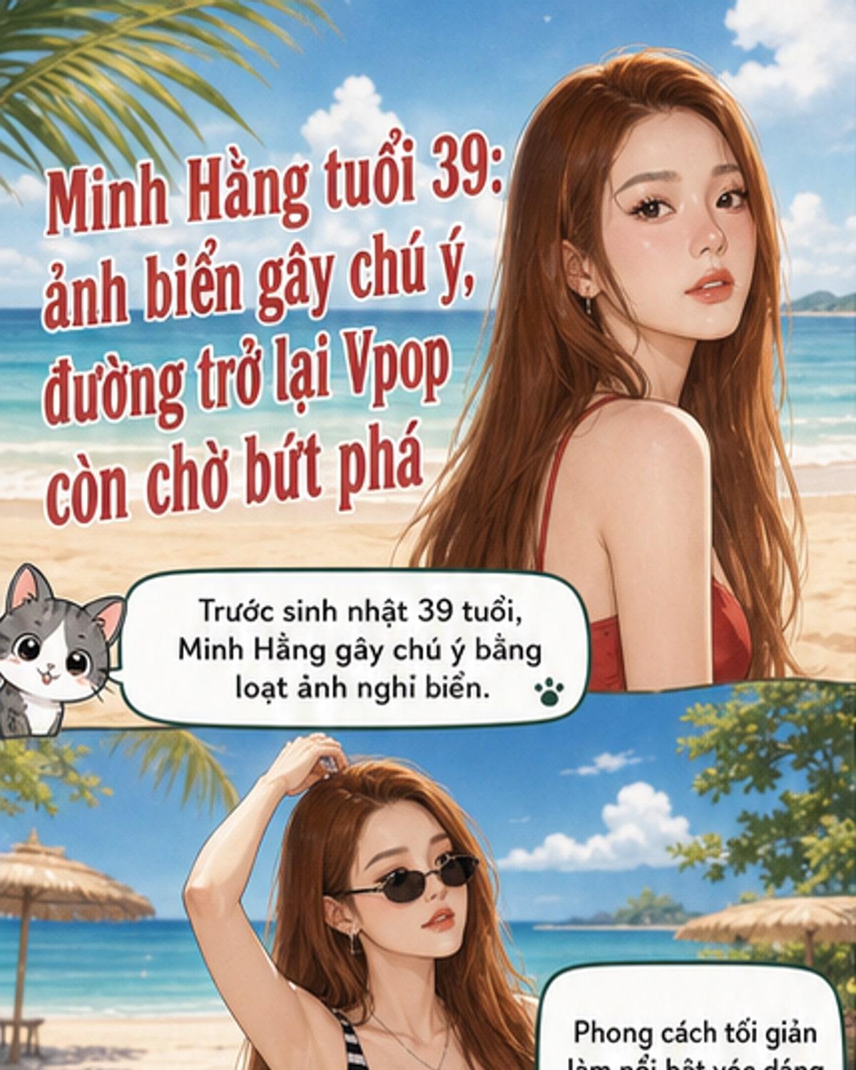 Minh Hằng trong bộ đồ bơi sọc tại bãi biển, tạo dáng tự tin với ánh nắng và biển xanh phía sau.